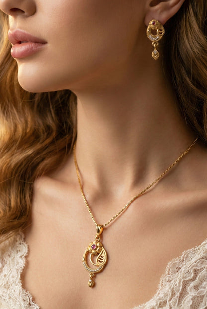 Gold Plated Stone Studded Pendant Necklace with Pink Center Accent for Women, Lightweight Party Jewellery for Festive, Wedding, Evening and Daily Styling with Premium Finish Chain-02