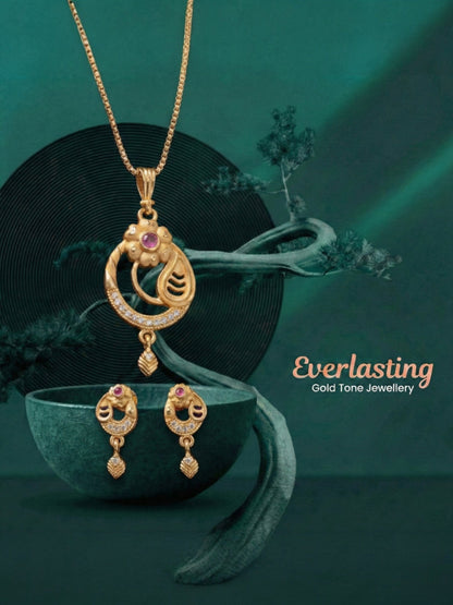 Gold Plated Stone Studded Pendant Necklace with Pink Center Accent for Women, Lightweight Party Jewellery for Festive, Wedding, Evening and Daily Styling with Premium Finish Chain-02