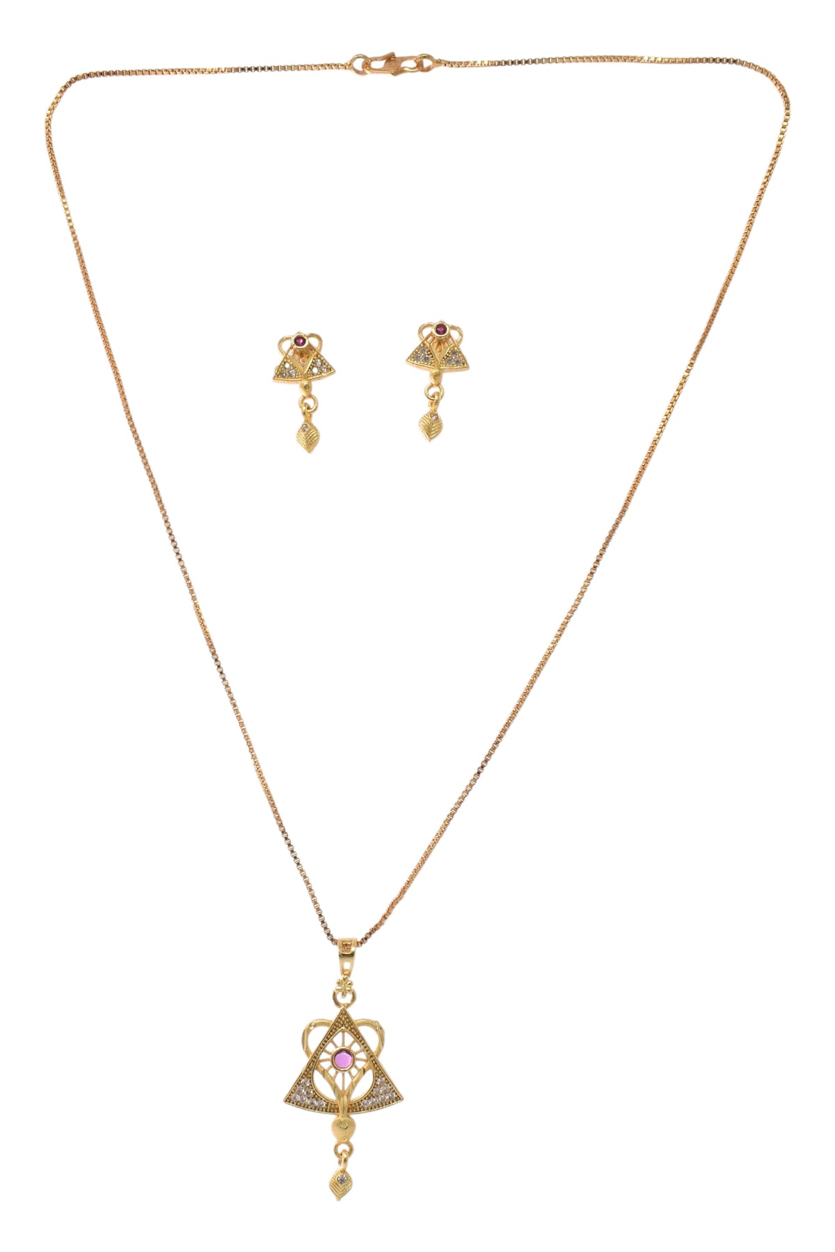 Gold Plated Stone Studded Pendant Necklace with Pink Center Accent for Women, Lightweight Party Jewellery for Festive, Wedding, Evening and Daily Styling with Premium Finish Chain-09