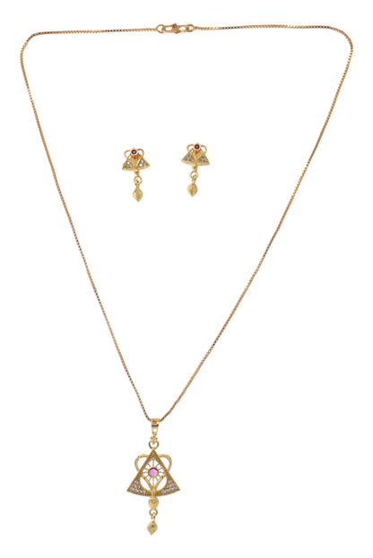 Gold Plated Stone Studded Pendant Necklace with Pink Center Accent for Women, Lightweight Party Jewellery for Festive, Wedding, Evening and Daily Styling with Premium Finish Chain-09