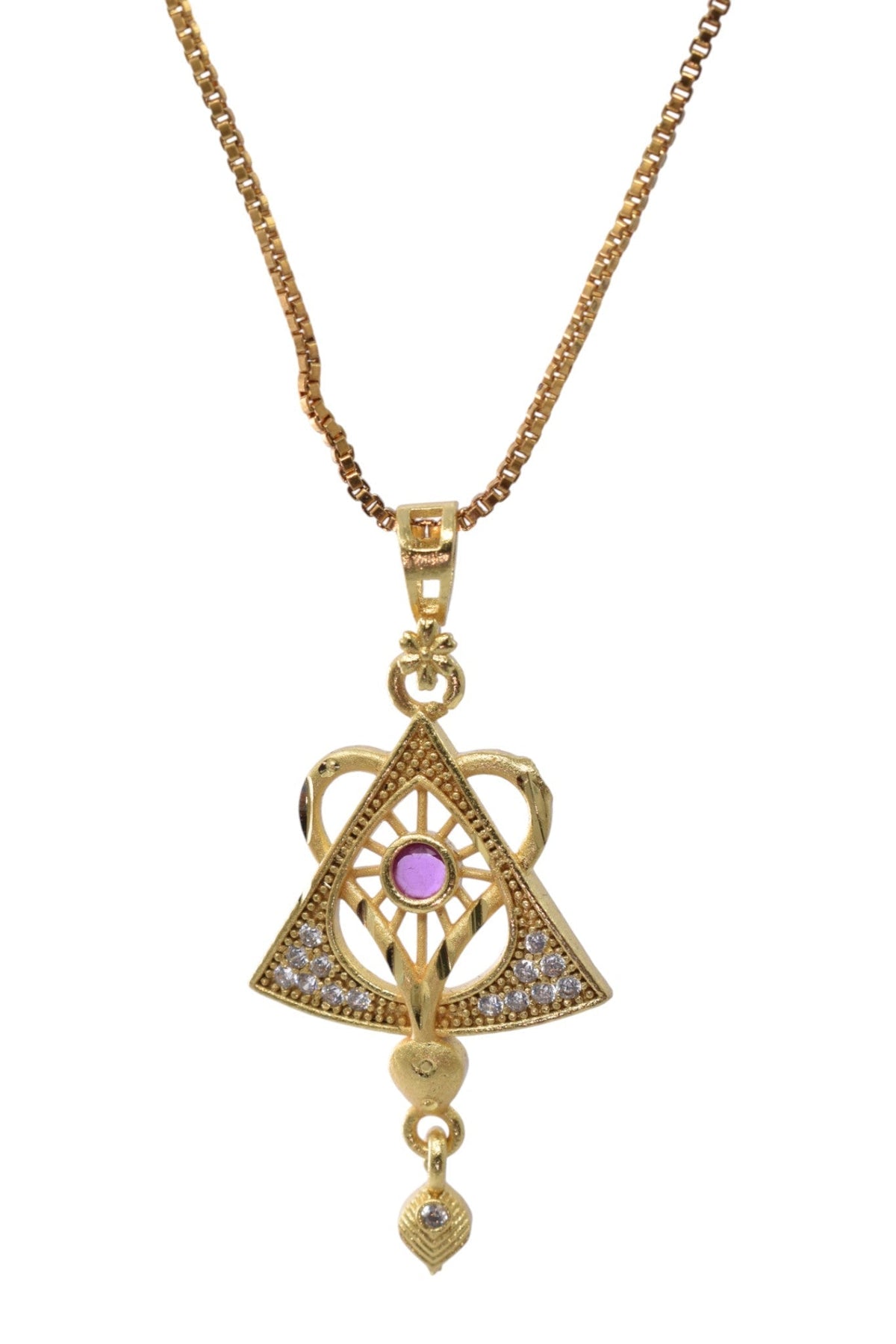 Gold Plated Stone Studded Pendant Necklace with Pink Center Accent for Women, Lightweight Party Jewellery for Festive, Wedding, Evening and Daily Styling with Premium Finish Chain-09