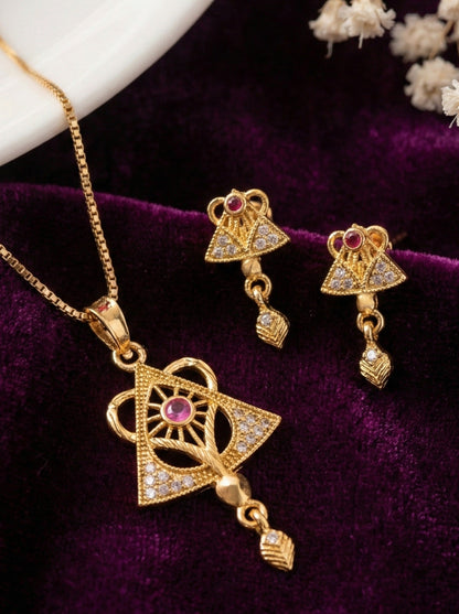 Gold Plated Stone Studded Pendant Necklace with Pink Center Accent for Women, Lightweight Party Jewellery for Festive, Wedding, Evening and Daily Styling with Premium Finish Chain-09