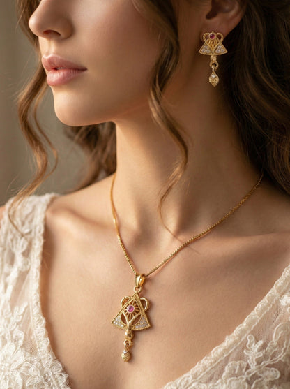 Gold Plated Stone Studded Pendant Necklace with Pink Center Accent for Women, Lightweight Party Jewellery for Festive, Wedding, Evening and Daily Styling with Premium Finish Chain-09