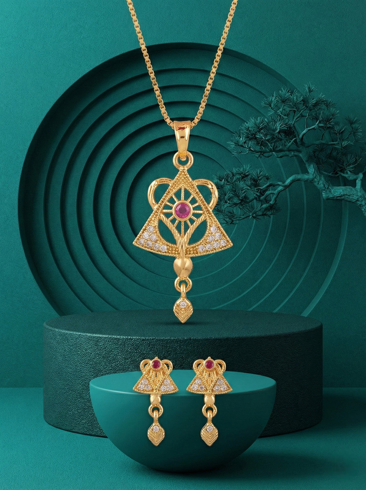 Gold Plated Stone Studded Pendant Necklace with Pink Center Accent for Women, Lightweight Party Jewellery for Festive, Wedding, Evening and Daily Styling with Premium Finish Chain-09