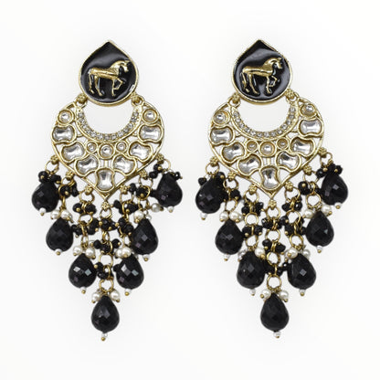 Gold Plated Traditional Kundan Drop Earrings for Women, Statement Chandbali Style Earrings with Stone Work and Beaded Dangling Drops, Festive Wedding Party Long Dangler Earrings-01