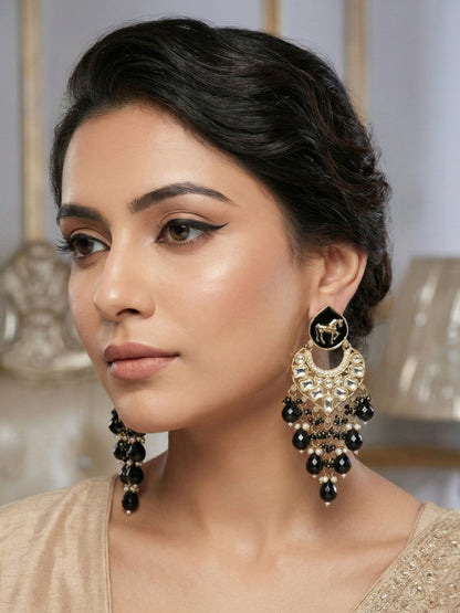 Gold Plated Traditional Kundan Drop Earrings for Women, Statement Chandbali Style Earrings with Stone Work and Beaded Dangling Drops, Festive Wedding Party Long Dangler Earrings-01