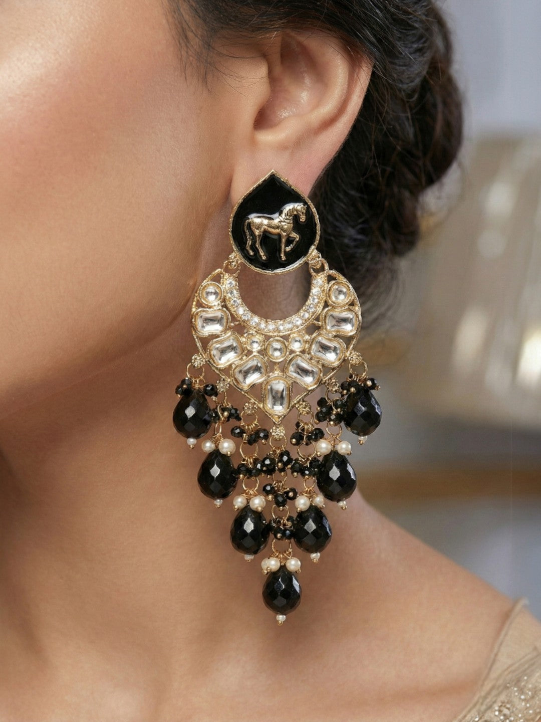 Gold Plated Traditional Kundan Drop Earrings for Women, Statement Chandbali Style Earrings with Stone Work and Beaded Dangling Drops, Festive Wedding Party Long Dangler Earrings-01