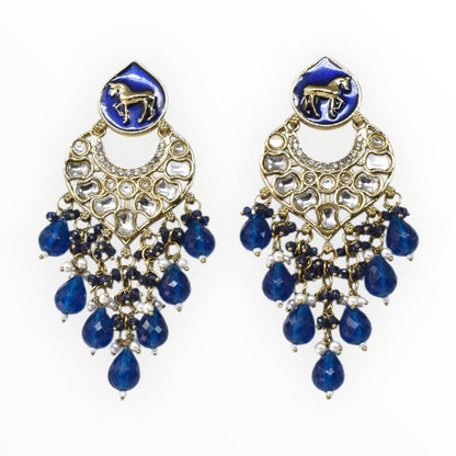 Gold Plated Traditional Kundan Drop Earrings for Women, Statement Chandbali Style Earrings with Stone Work and Beaded Dangling Drops, Festive Wedding Party Long Dangler Earrings-02