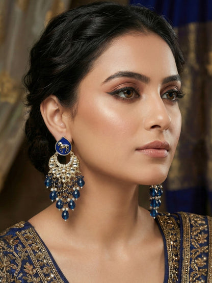 Gold Plated Traditional Kundan Drop Earrings for Women, Statement Chandbali Style Earrings with Stone Work and Beaded Dangling Drops, Festive Wedding Party Long Dangler Earrings-02
