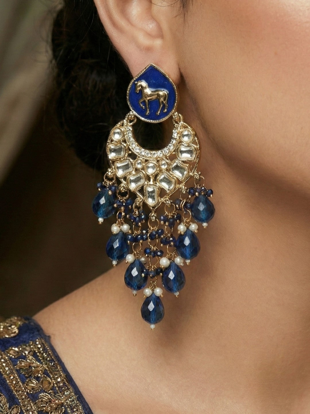 Gold Plated Traditional Kundan Drop Earrings for Women, Statement Chandbali Style Earrings with Stone Work and Beaded Dangling Drops, Festive Wedding Party Long Dangler Earrings-02