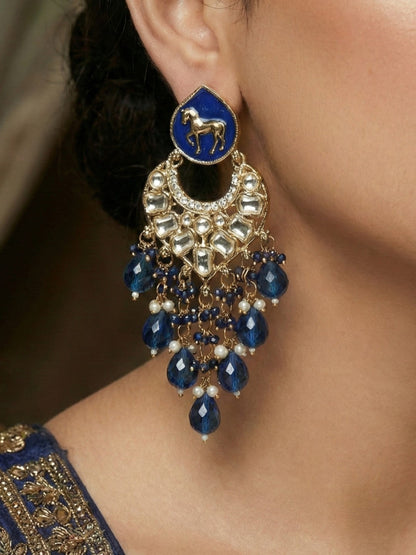 Gold Plated Traditional Kundan Drop Earrings for Women, Statement Chandbali Style Earrings with Stone Work and Beaded Dangling Drops, Festive Wedding Party Long Dangler Earrings-02