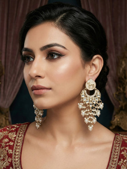 Gold Plated Traditional Kundan Drop Earrings for Women, Statement Chandbali Style Earrings with Stone Work and Beaded Dangling Drops, Festive Wedding Party Long Dangler Earrings-03