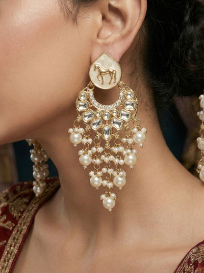 Gold Plated Traditional Kundan Drop Earrings for Women, Statement Chandbali Style Earrings with Stone Work and Beaded Dangling Drops, Festive Wedding Party Long Dangler Earrings-03