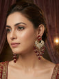 Gold Plated Traditional Kundan Drop Earrings for Women, Statement Chandbali Style Earrings with Stone Work and Beaded Dangling Drops, Festive Wedding Party Long Dangler Earrings-04