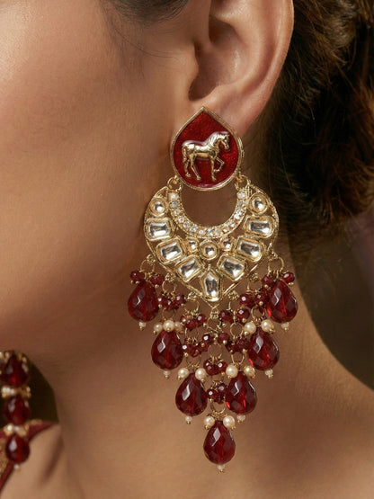 Gold Plated Traditional Kundan Drop Earrings for Women, Statement Chandbali Style Earrings with Stone Work and Beaded Dangling Drops, Festive Wedding Party Long Dangler Earrings-04