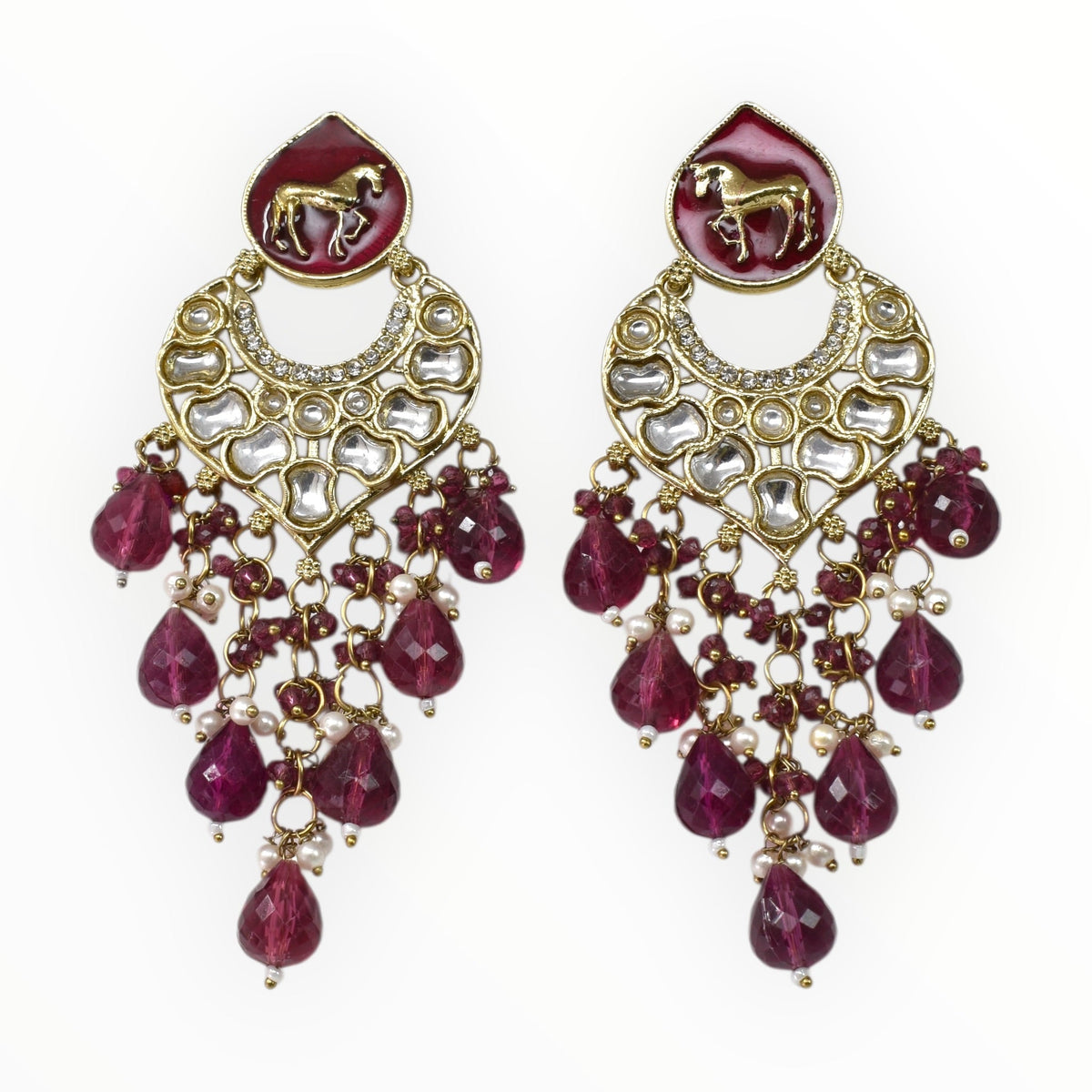Gold Plated Traditional Kundan Drop Earrings for Women, Statement Chandbali Style Earrings with Stone Work and Beaded Dangling Drops, Festive Wedding Party Long Dangler Earrings-05
