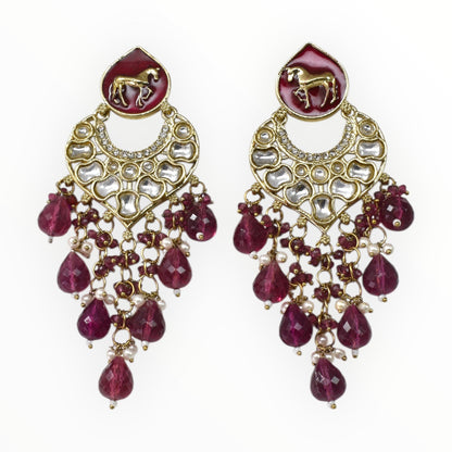 Gold Plated Traditional Kundan Drop Earrings for Women, Statement Chandbali Style Earrings with Stone Work and Beaded Dangling Drops, Festive Wedding Party Long Dangler Earrings-05