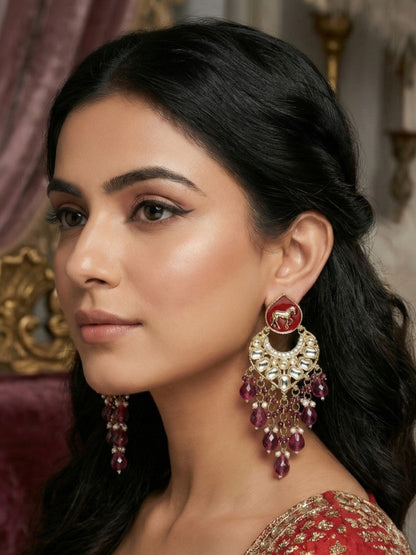 Gold Plated Traditional Kundan Drop Earrings for Women, Statement Chandbali Style Earrings with Stone Work and Beaded Dangling Drops, Festive Wedding Party Long Dangler Earrings-05