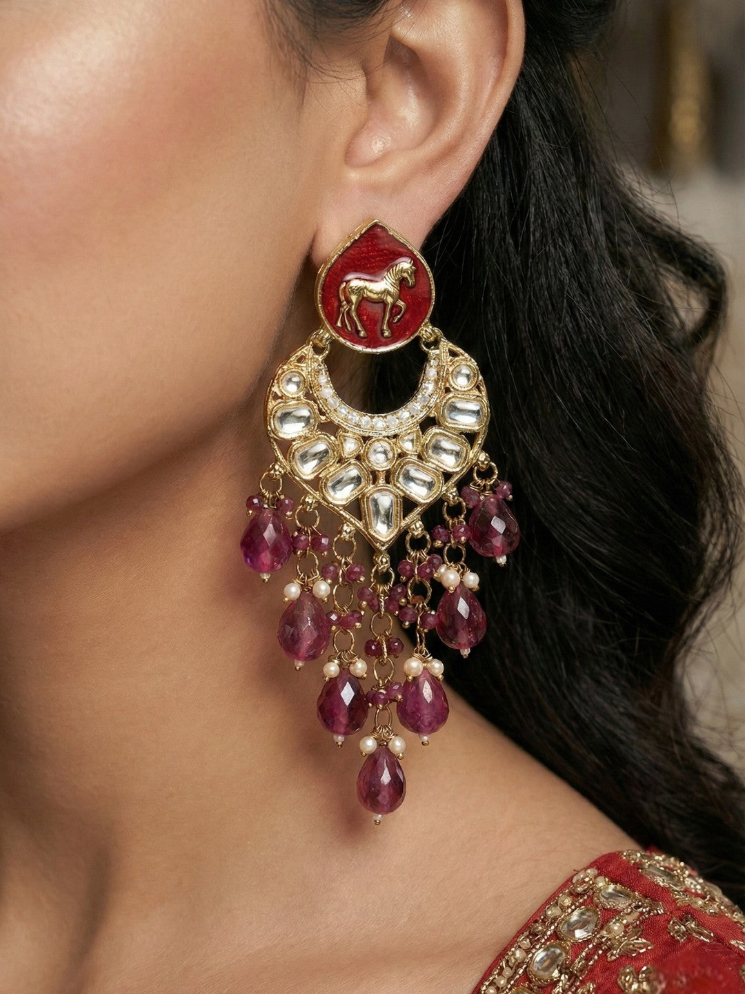 Gold Plated Traditional Kundan Drop Earrings for Women, Statement Chandbali Style Earrings with Stone Work and Beaded Dangling Drops, Festive Wedding Party Long Dangler Earrings-05