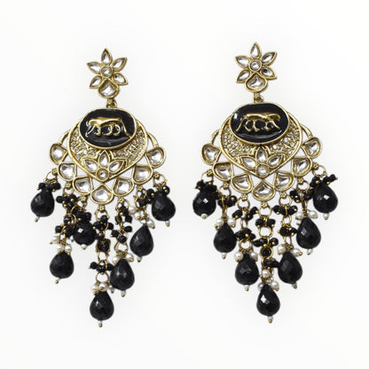 Gold Plated Traditional Kundan Drop Earrings for Women, Statement Chandbali Style Earrings with Stone Work and Beaded Dangling Drops, Festive Wedding Party Long Dangler Earrings-08