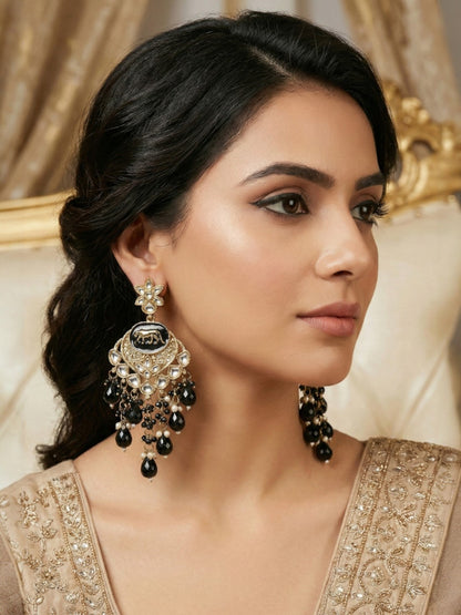 Gold Plated Traditional Kundan Drop Earrings for Women, Statement Chandbali Style Earrings with Stone Work and Beaded Dangling Drops, Festive Wedding Party Long Dangler Earrings-08