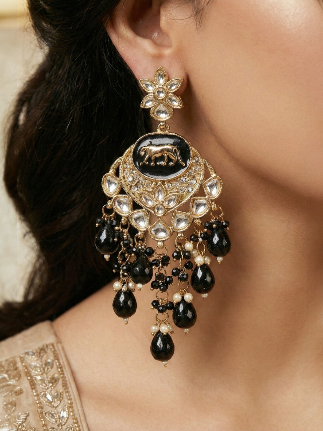 Gold Plated Traditional Kundan Drop Earrings for Women, Statement Chandbali Style Earrings with Stone Work and Beaded Dangling Drops, Festive Wedding Party Long Dangler Earrings-08