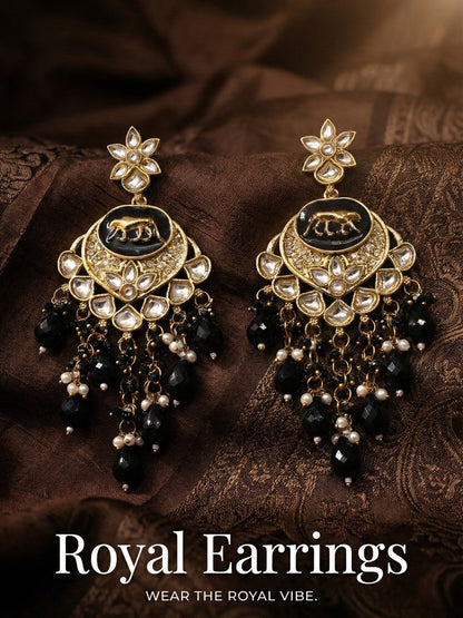 Gold Plated Traditional Kundan Drop Earrings for Women, Statement Chandbali Style Earrings with Stone Work and Beaded Dangling Drops, Festive Wedding Party Long Dangler Earrings-08