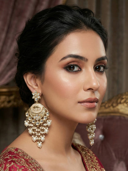 Gold Plated Traditional Kundan Drop Earrings for Women, Statement Chandbali Style Earrings with Stone Work and Beaded Dangling Drops, Festive Wedding Party Long Dangler Earrings-09
