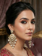 Gold Plated Traditional Kundan Drop Earrings for Women, Statement Chandbali Style Earrings with Stone Work and Beaded Dangling Drops, Festive Wedding Party Long Dangler Earrings-09