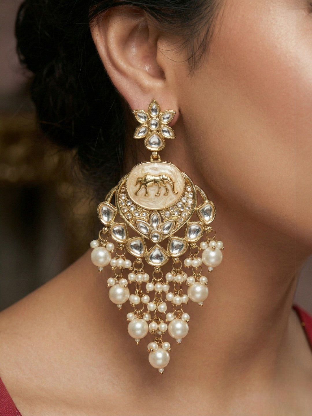 Gold Plated Traditional Kundan Drop Earrings for Women, Statement Chandbali Style Earrings with Stone Work and Beaded Dangling Drops, Festive Wedding Party Long Dangler Earrings-09