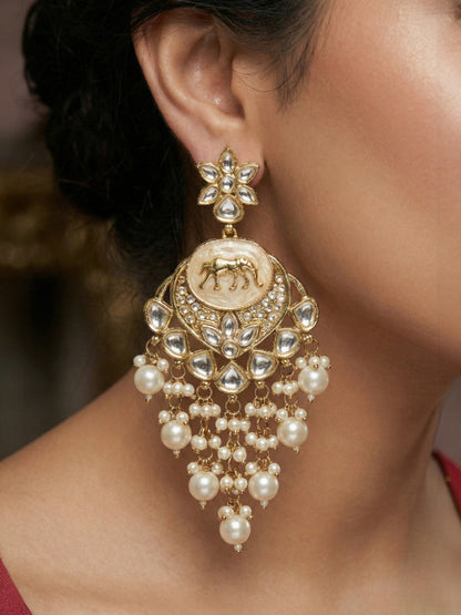 Gold Plated Traditional Kundan Drop Earrings for Women, Statement Chandbali Style Earrings with Stone Work and Beaded Dangling Drops, Festive Wedding Party Long Dangler Earrings-09