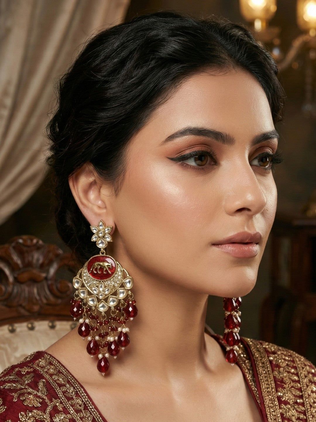 Gold Plated Traditional Kundan Drop Earrings for Women, Statement Chandbali Style Earrings with Stone Work and Beaded Dangling Drops, Festive Wedding Party Long Dangler Earrings-10