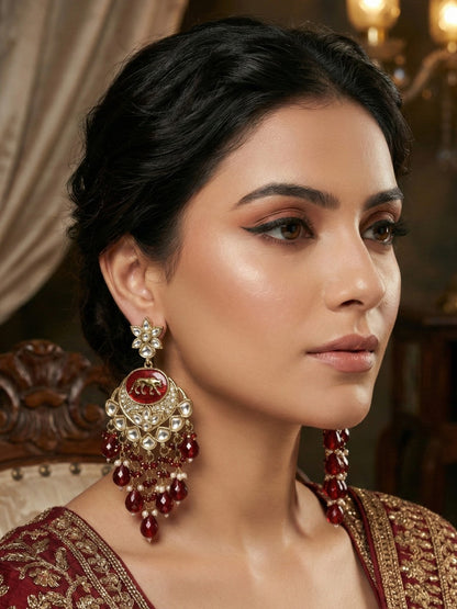 Gold Plated Traditional Kundan Drop Earrings for Women, Statement Chandbali Style Earrings with Stone Work and Beaded Dangling Drops, Festive Wedding Party Long Dangler Earrings-10