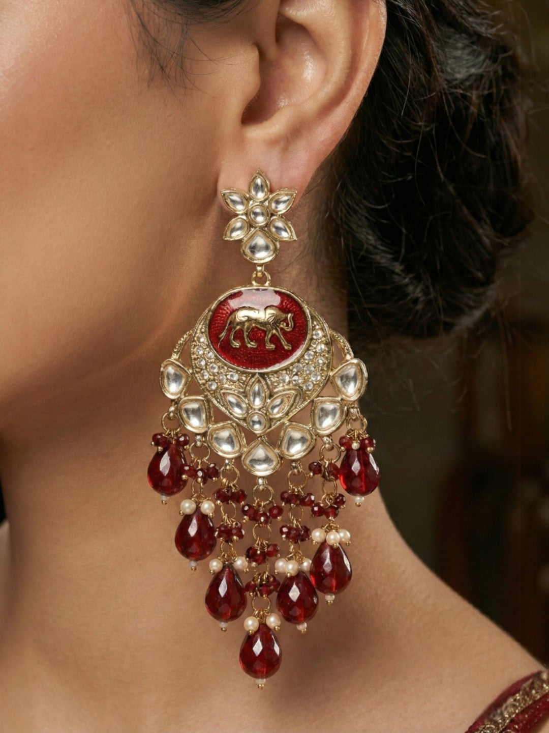 Gold Plated Traditional Kundan Drop Earrings for Women, Statement Chandbali Style Earrings with Stone Work and Beaded Dangling Drops, Festive Wedding Party Long Dangler Earrings-10