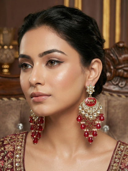 Gold Plated Traditional Kundan Drop Earrings for Women, Statement Chandbali Style Earrings with Stone Work and Beaded Dangling Drops, Festive Wedding Party Long Dangler Earrings-11