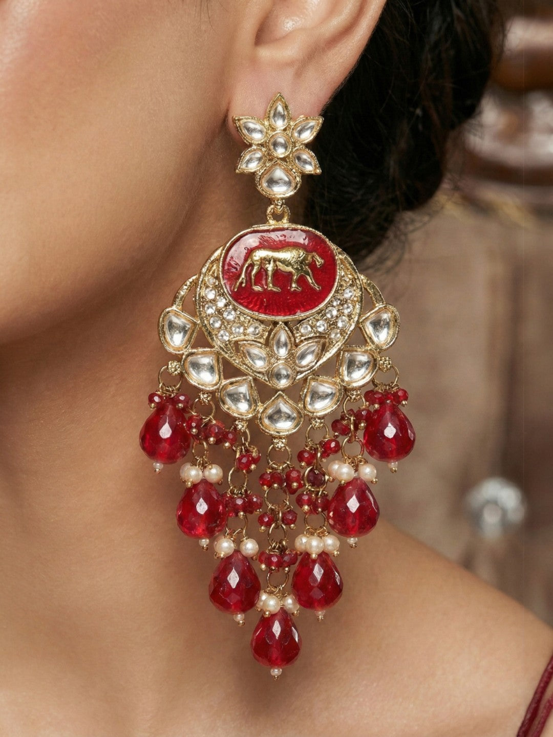 Gold Plated Traditional Kundan Drop Earrings for Women, Statement Chandbali Style Earrings with Stone Work and Beaded Dangling Drops, Festive Wedding Party Long Dangler Earrings-11