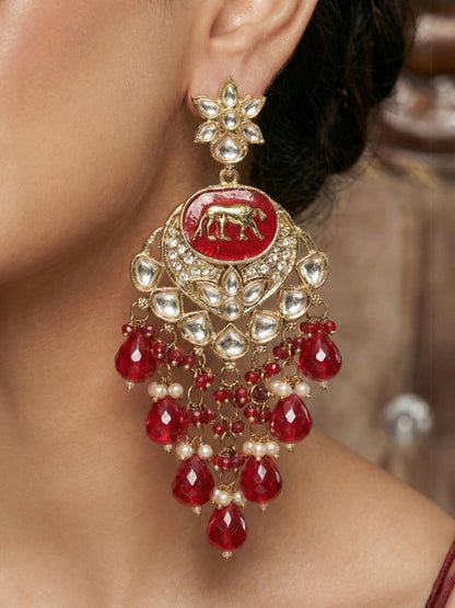 Gold Plated Traditional Kundan Drop Earrings for Women, Statement Chandbali Style Earrings with Stone Work and Beaded Dangling Drops, Festive Wedding Party Long Dangler Earrings-11