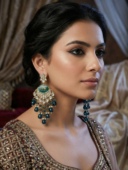 Gold Plated Traditional Kundan Drop Earrings for Women, Statement Chandbali Style Earrings with Stone Work and Beaded Dangling Drops, Festive Wedding Party Long Dangler Earrings-12
