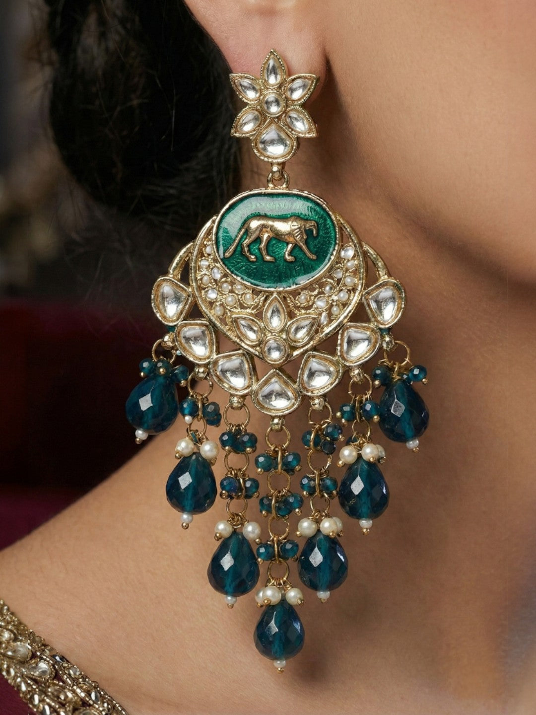 Gold Plated Traditional Kundan Drop Earrings for Women, Statement Chandbali Style Earrings with Stone Work and Beaded Dangling Drops, Festive Wedding Party Long Dangler Earrings-12