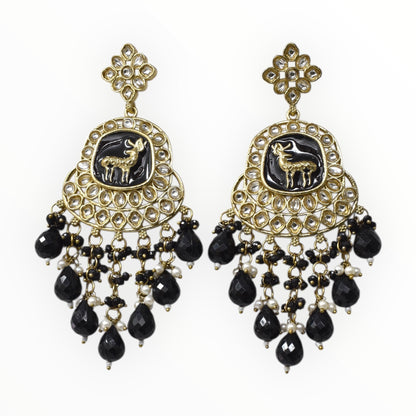 Gold Plated Traditional Kundan Drop Earrings for Women, Statement Chandbali Style Earrings with Stone Work and Beaded Dangling Drops, Festive Wedding Party Long Dangler Earrings-14
