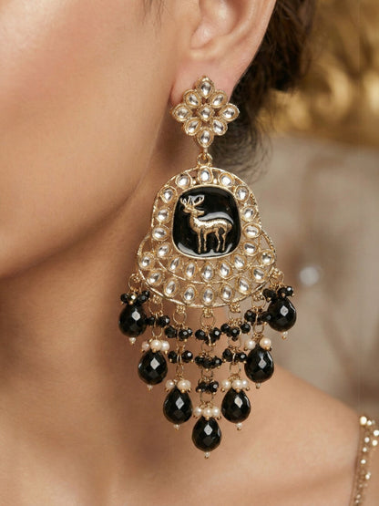 Gold Plated Traditional Kundan Drop Earrings for Women, Statement Chandbali Style Earrings with Stone Work and Beaded Dangling Drops, Festive Wedding Party Long Dangler Earrings-14