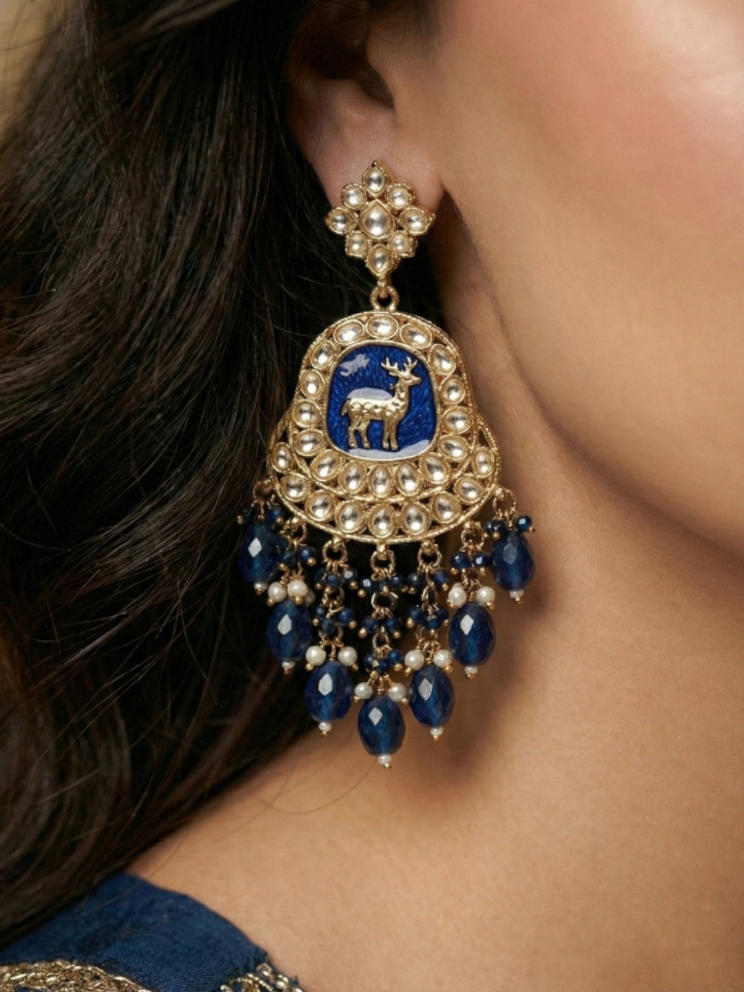 Gold Plated Traditional Kundan Drop Earrings for Women, Statement Chandbali Style Earrings with Stone Work and Beaded Dangling Drops, Festive Wedding Party Long Dangler Earrings-15
