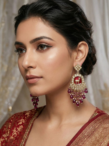 Gold Plated Traditional Kundan Drop Earrings for Women, Statement Chandbali Style Earrings with Stone Work and Beaded Dangling Drops, Festive Wedding Party Long Dangler Earrings-18