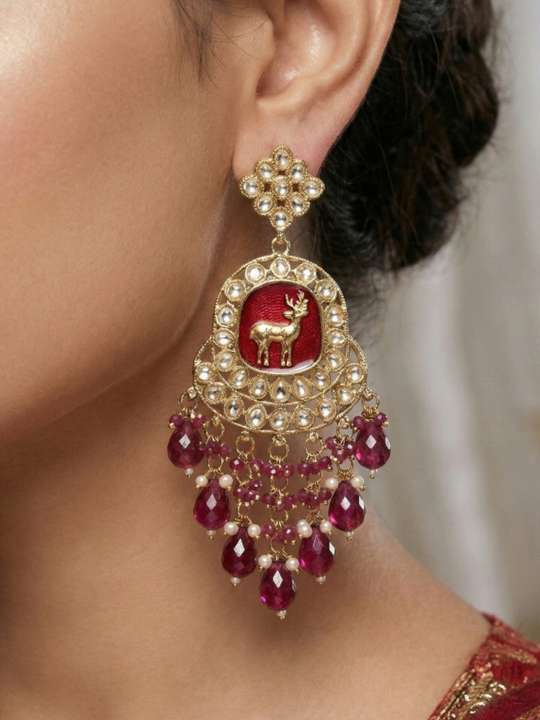 Gold Plated Traditional Kundan Drop Earrings for Women, Statement Chandbali Style Earrings with Stone Work and Beaded Dangling Drops, Festive Wedding Party Long Dangler Earrings-18