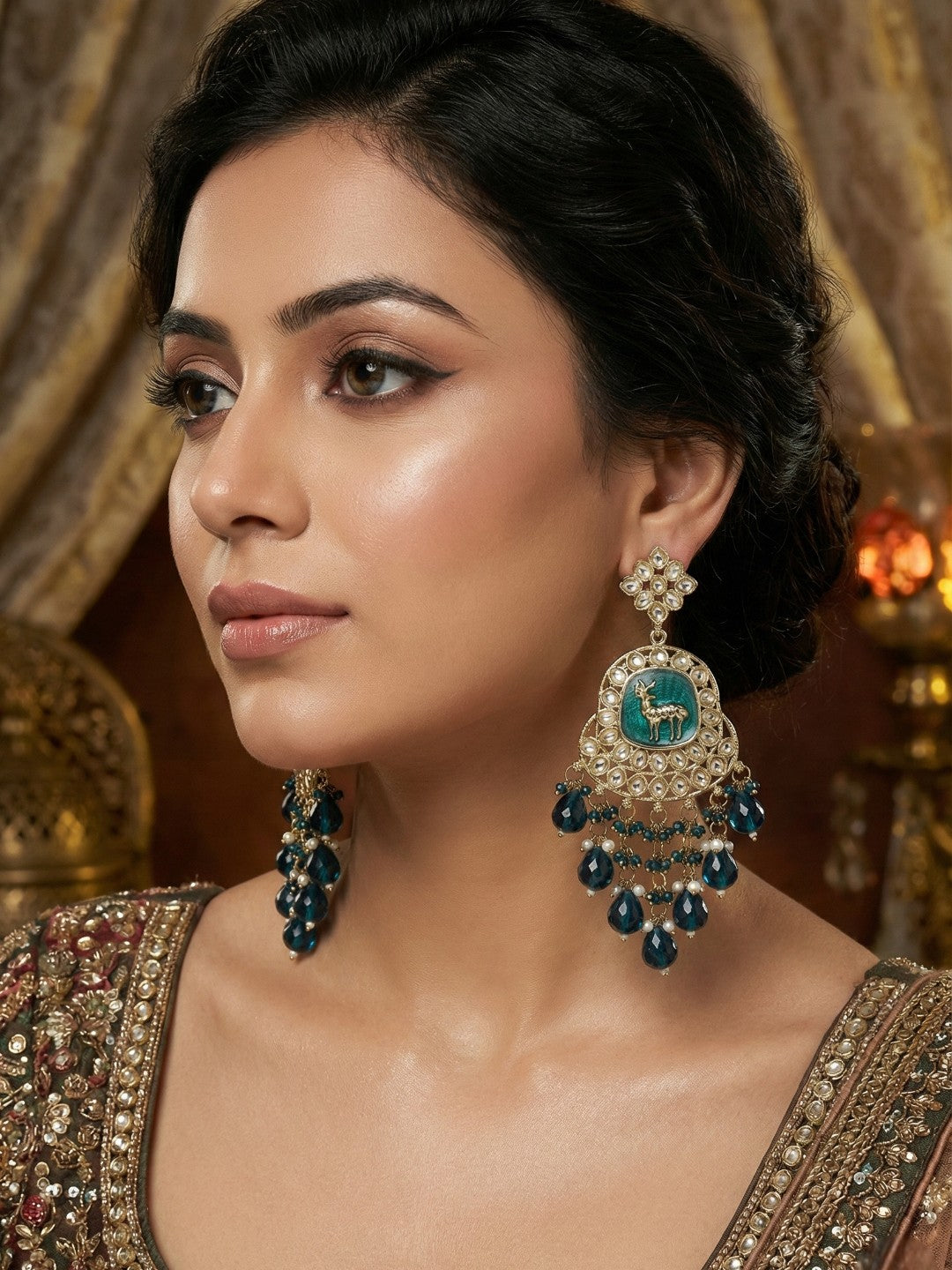 Gold Plated Traditional Kundan Drop Earrings for Women, Statement Chandbali Style Earrings with Stone Work and Beaded Dangling Drops, Festive Wedding Party Long Dangler Earrings-19