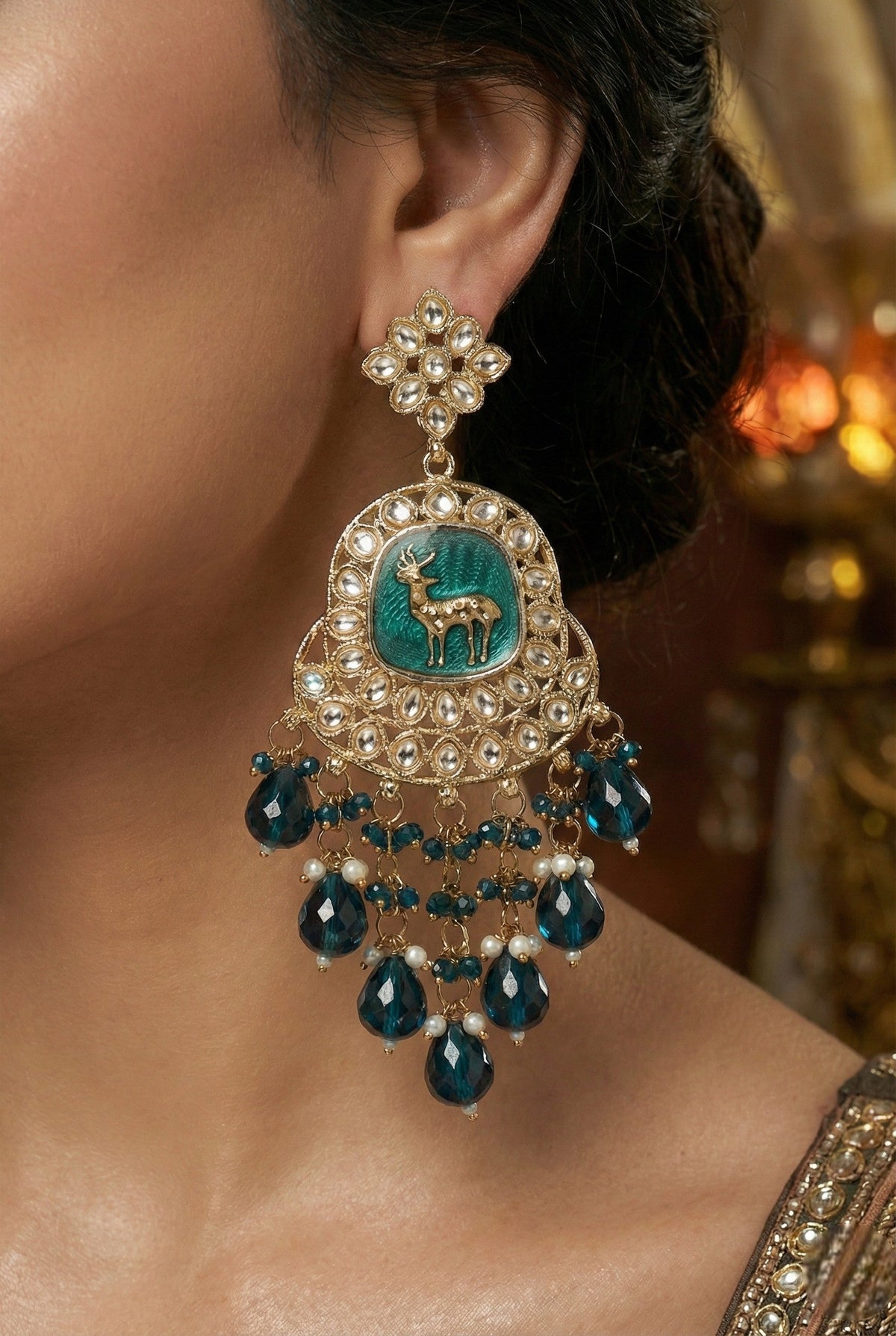 Gold Plated Traditional Kundan Drop Earrings for Women, Statement Chandbali Style Earrings with Stone Work and Beaded Dangling Drops, Festive Wedding Party Long Dangler Earrings-19