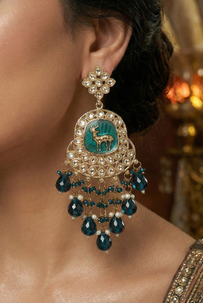 Gold Plated Traditional Kundan Drop Earrings for Women, Statement Chandbali Style Earrings with Stone Work and Beaded Dangling Drops, Festive Wedding Party Long Dangler Earrings-19