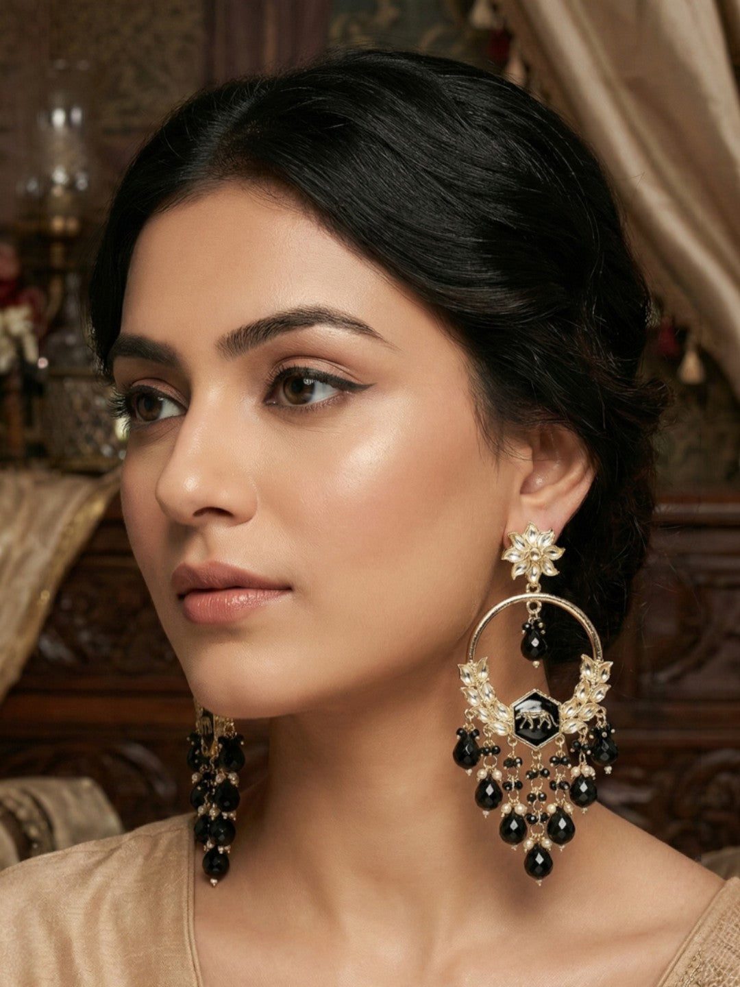 Gold Plated Traditional Kundan Drop Earrings for Women, Statement Chandbali Style Earrings with Stone Work and Beaded Dangling Drops, Festive Wedding Party Long Dangler Earrings-21