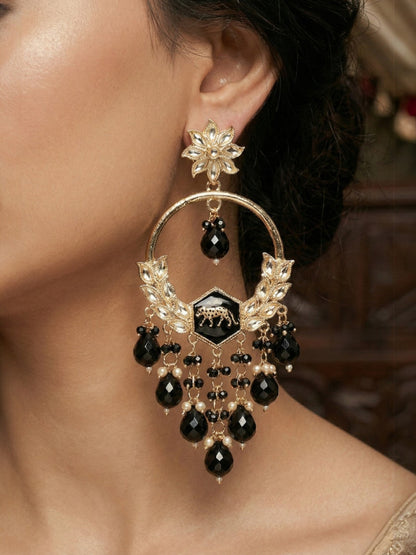 Gold Plated Traditional Kundan Drop Earrings for Women, Statement Chandbali Style Earrings with Stone Work and Beaded Dangling Drops, Festive Wedding Party Long Dangler Earrings-21