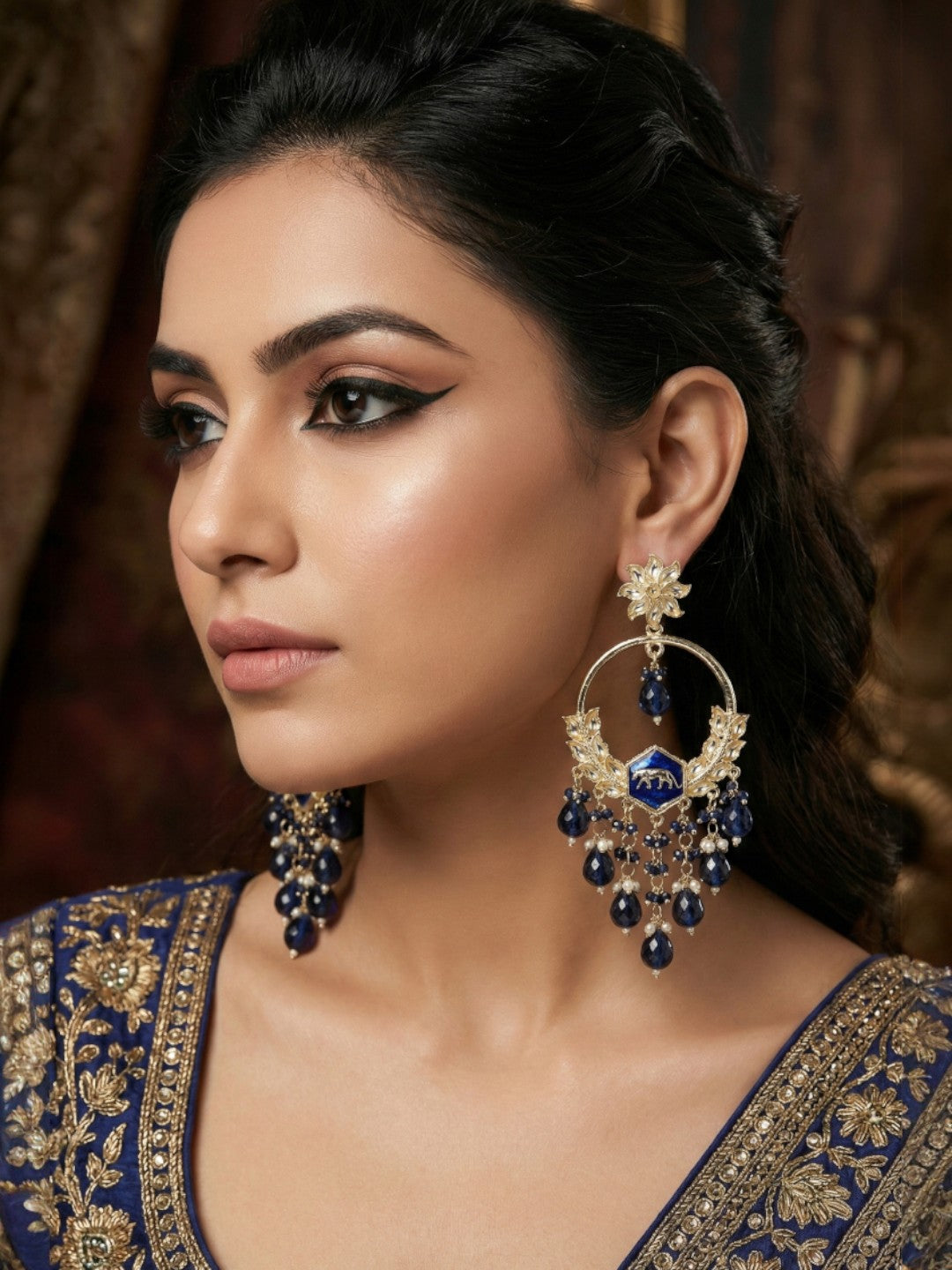 Gold Plated Traditional Kundan Drop Earrings for Women, Statement Chandbali Style Earrings with Stone Work and Beaded Dangling Drops, Festive Wedding Party Long Dangler Earrings-22